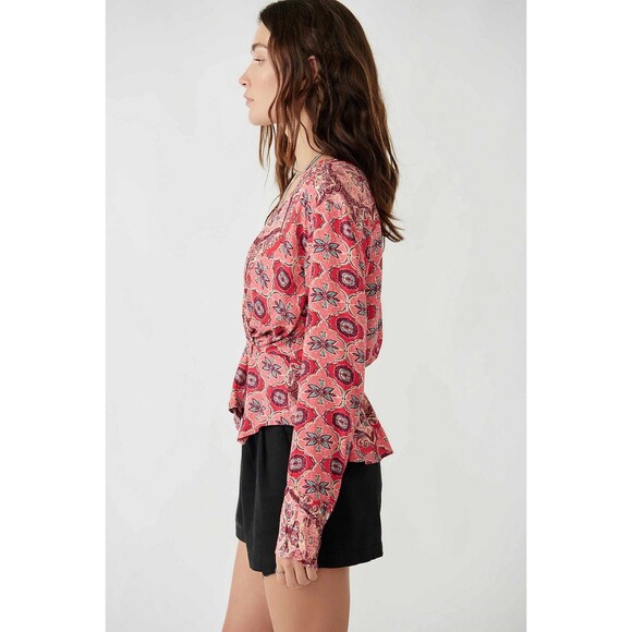 FREE PEOPLE Pink Red Hibiscus Combo Floral Paisley Peplum Top/Blouse Boho XS - Picture 12 of 12